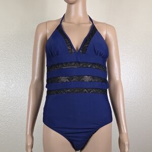 Blue & Black Lace Halter 1 Piece Swimsuit